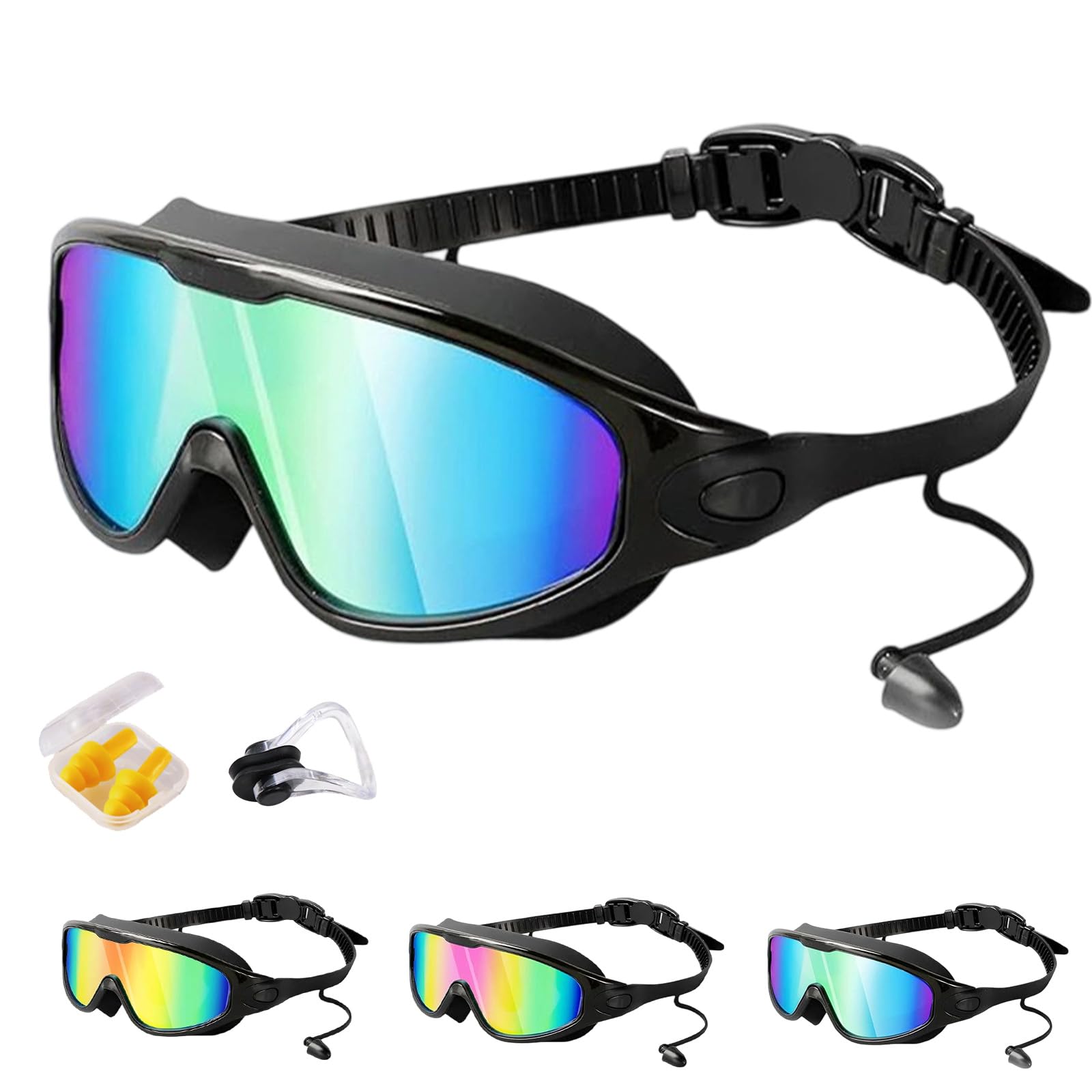 HItianya My Cool Summer Goggles, No Leaking Swim Glasses for Men Women Youth, Waterproof Anti-Fog Kids Swimming Clip on Goggle with Ears Plugs Attached for Junior Boys Girls (Black With Powder)