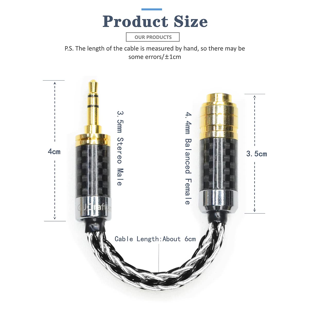 GUCraftsman Cable adaptador de auriculares estéreo macho de 3,5 mm a hembra equilibrado de 4,4 mm, 7 N, cable de conversión de conector de auriculares de cobre y plata
