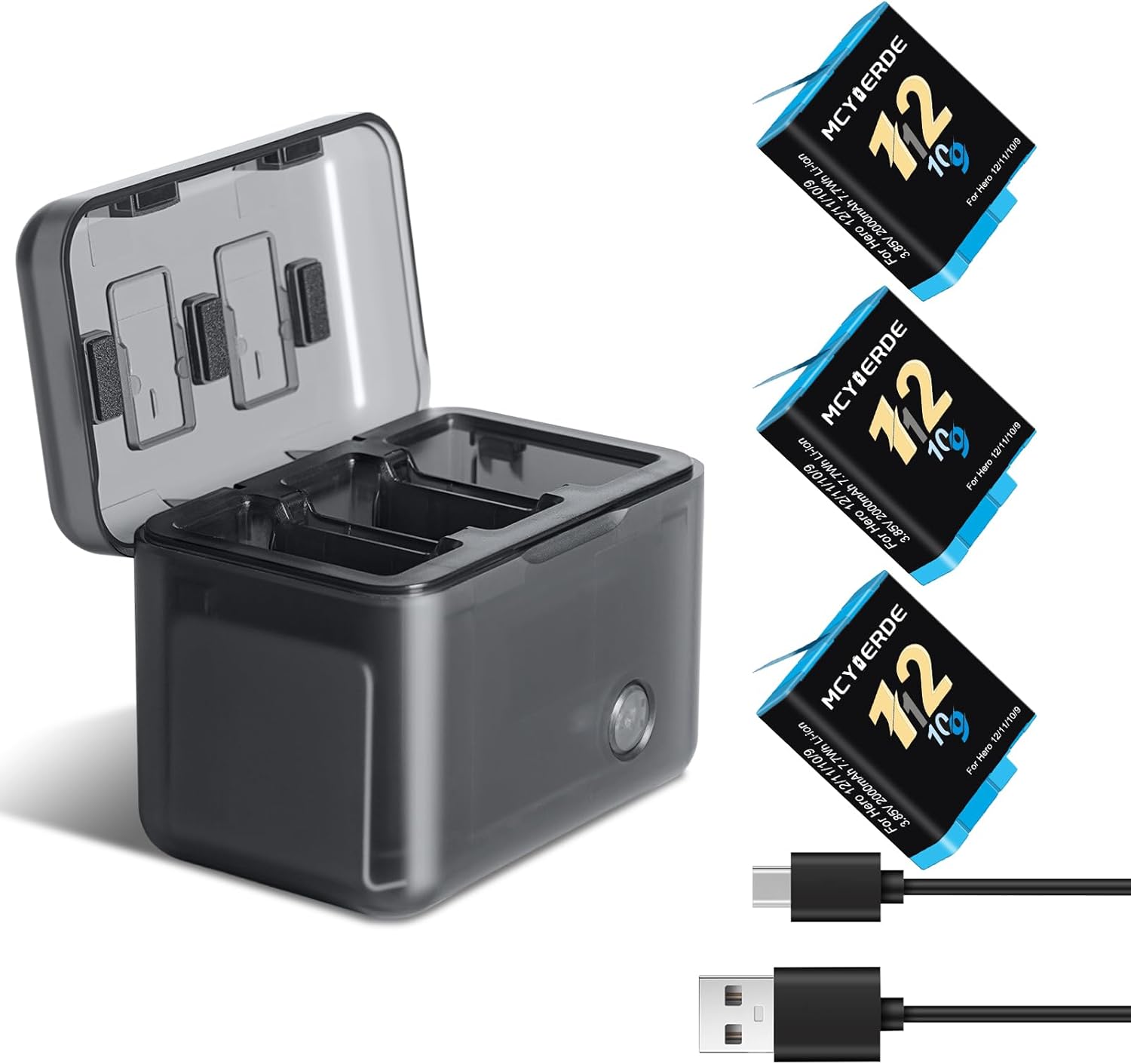 3-Pack Replacement Battery with 3-Channel Charger Case Compatible with GoPro Hero 12 Hero 11 Hero 10 Hero 9 Black Cameras