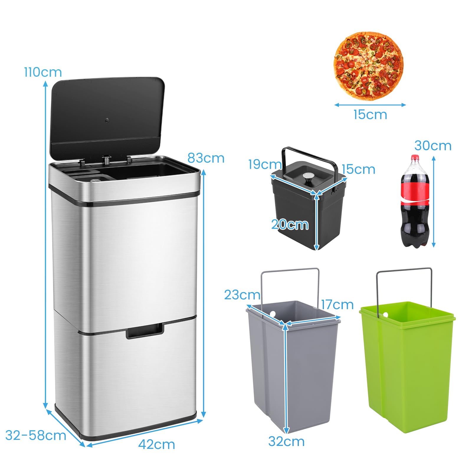 LIFEZEAL 72 L Cubo de Basura Cocina de 4 Compartimentos, Cubo Basura Apertura Automática con Sensor de 2 Niveles, Papelera de cocina de interior, Acero Inoxidable