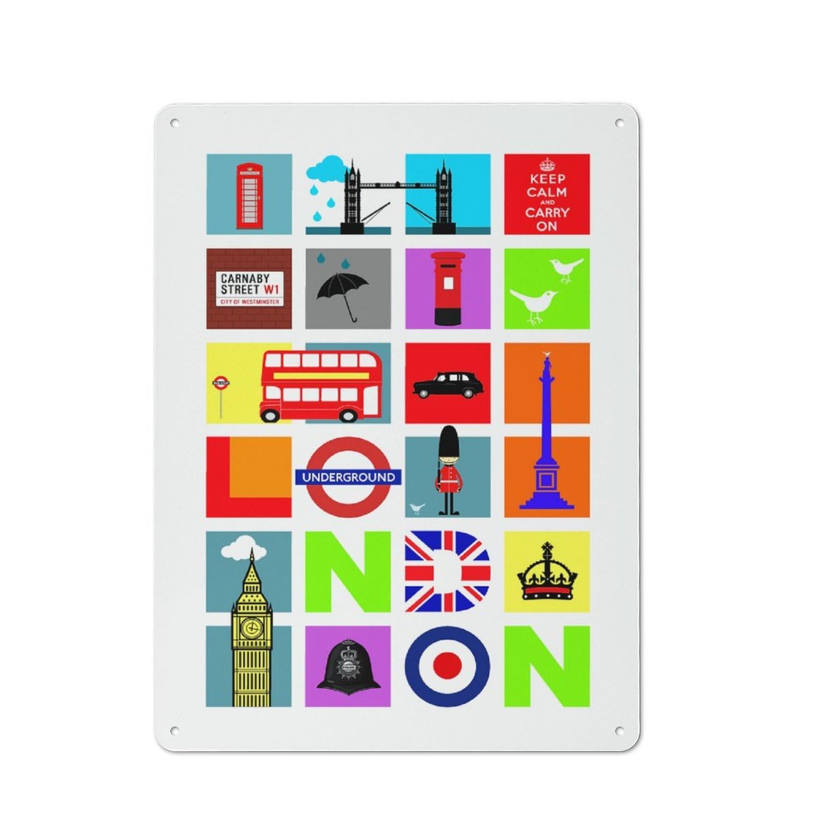 Junmoney Style-9 London Icons Travel Urban Metal Wall Decor 40X30cm, Industrial Metal Sign For Flat, Bar, Studio Or Gallery Wall