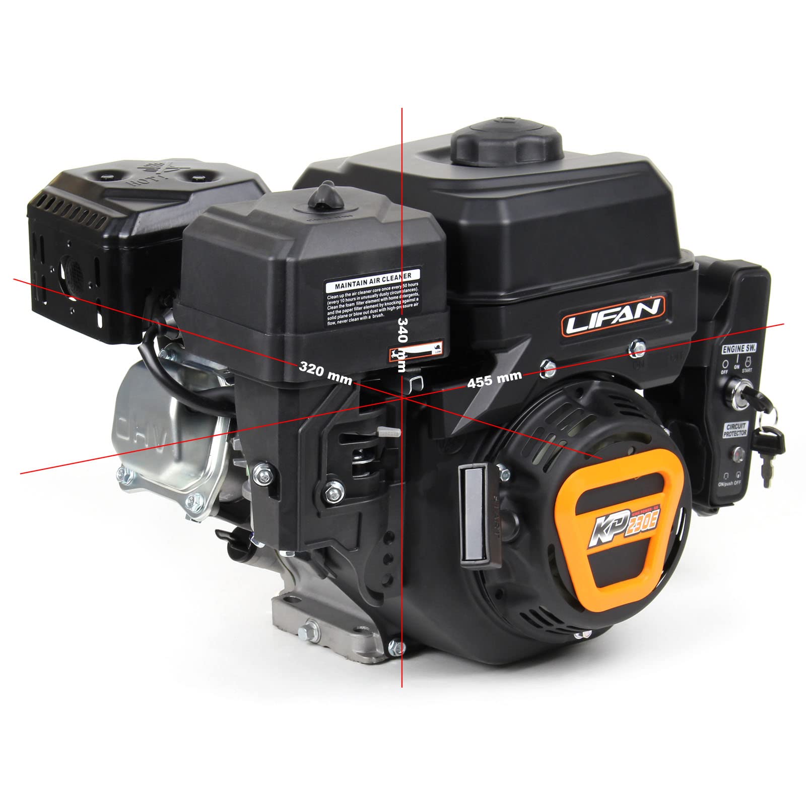 Wiltec LIFAN KP230E Moteur essence – 415 x 380 x 380 mm – 4,8 kW (6,5 CV) – 223 ccm – 4 temps, 3,6 L, 19,05 mm – OHV, 9,5:1 – Monocylindre Lanceur électrique – pour Plaque vibrante et Engin Chantier