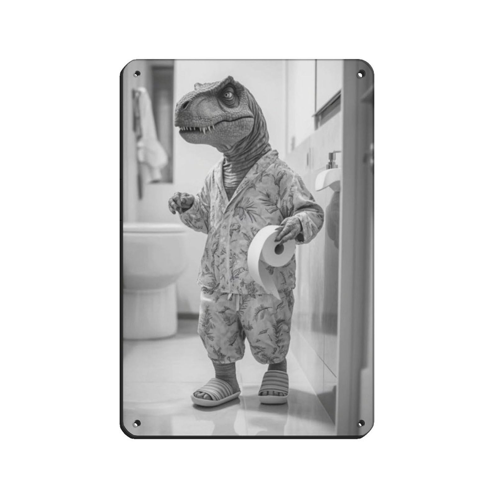 Dino In Pajamas with Toilet Paper Tin Sign Vintage Metal Pub Club Cafe Bar Home Wall Art Decoration Poster Retro 8x12inch(20x30cm)