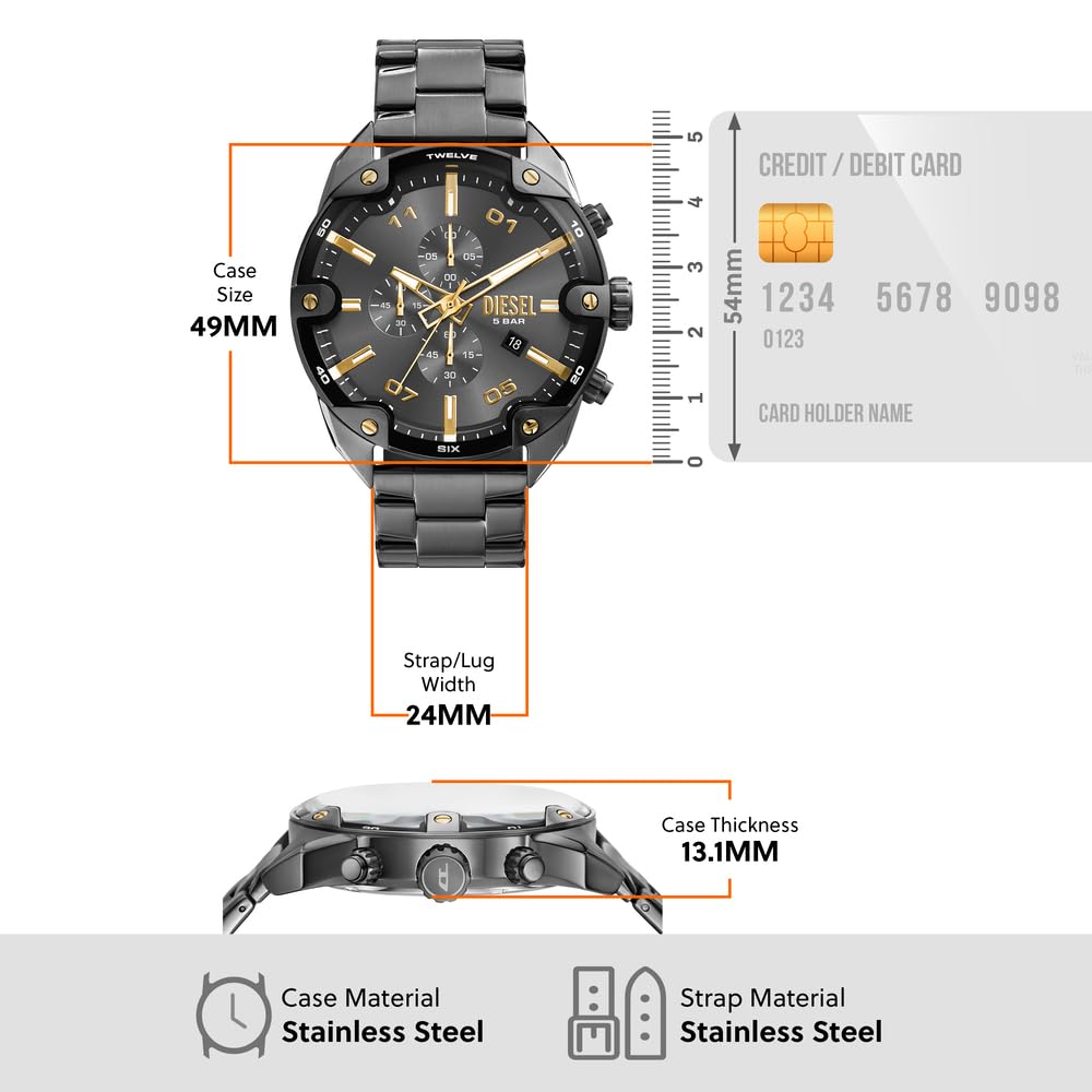 Diesel Reloj Spiked para Hombre, Movimiento cronógrafo de Cuarzo con Correa de Acero Inoxidable