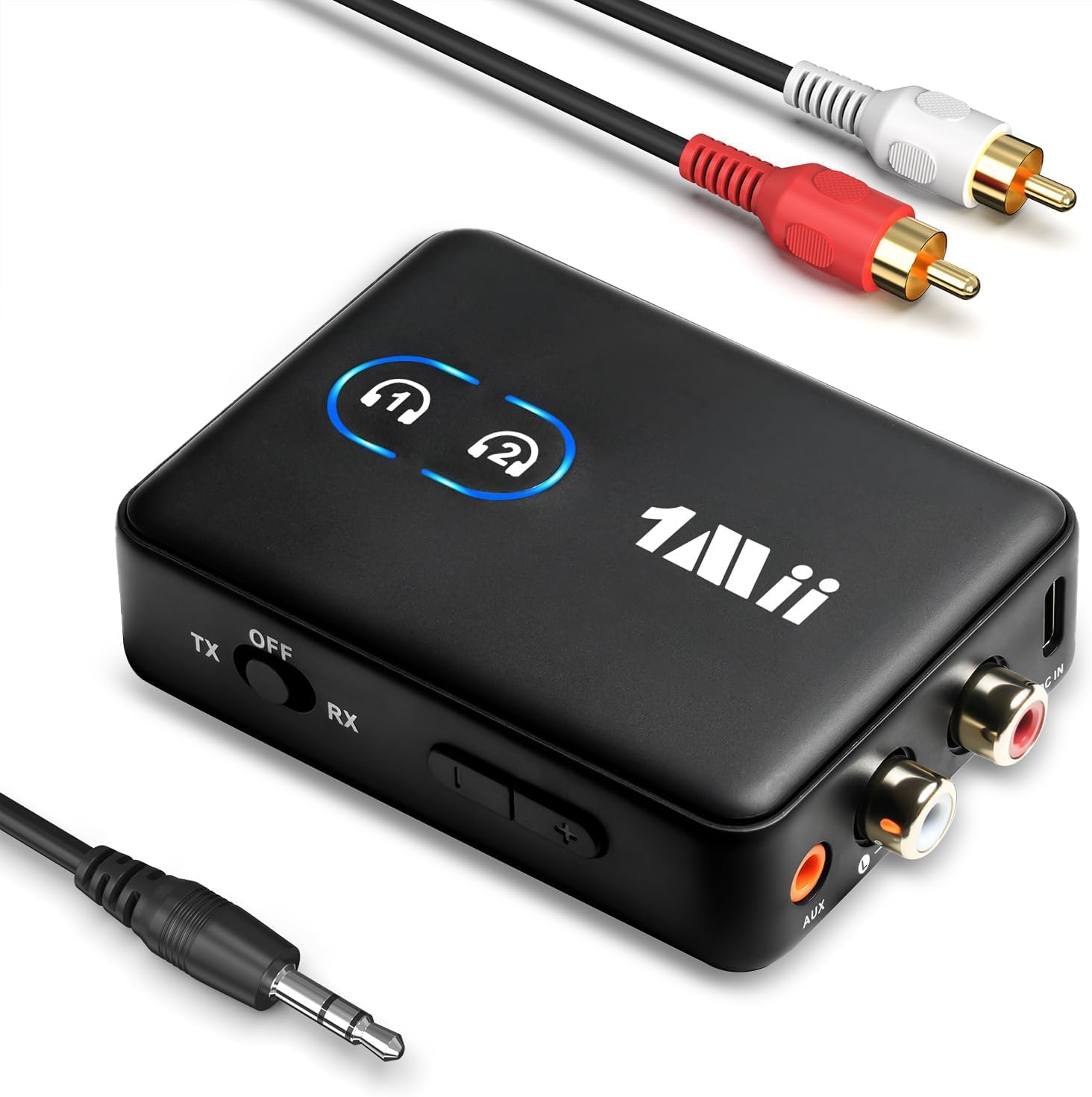 1Mii ML302+ Bluetooth 5.3 Sender Empfänger für TV & Stereoanlage, Audio Adapter mit aptX LL/HD/Adaptive, Dual Link für 2 Kopfhörer und Lautsprecher, AUX 3,5 mm RCA Cinch, 30 Std Akkulaufzeit