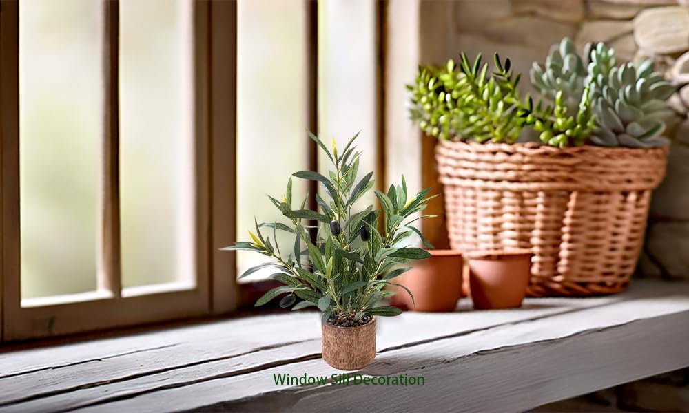 Indoor Fake Olive Plant 12 inch Faux Silk Leaves with Black Rustic Planter Medium Size Perfect Artificial Olive Fruits with Realistic Trunk and Lifelike Stems for Home and Office Decor - Image 7