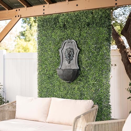 Image of XBrand 29.9 inch Solar-Powered Wall-Mounted Lion Head Fountain, Resin, Outdoor, Gray