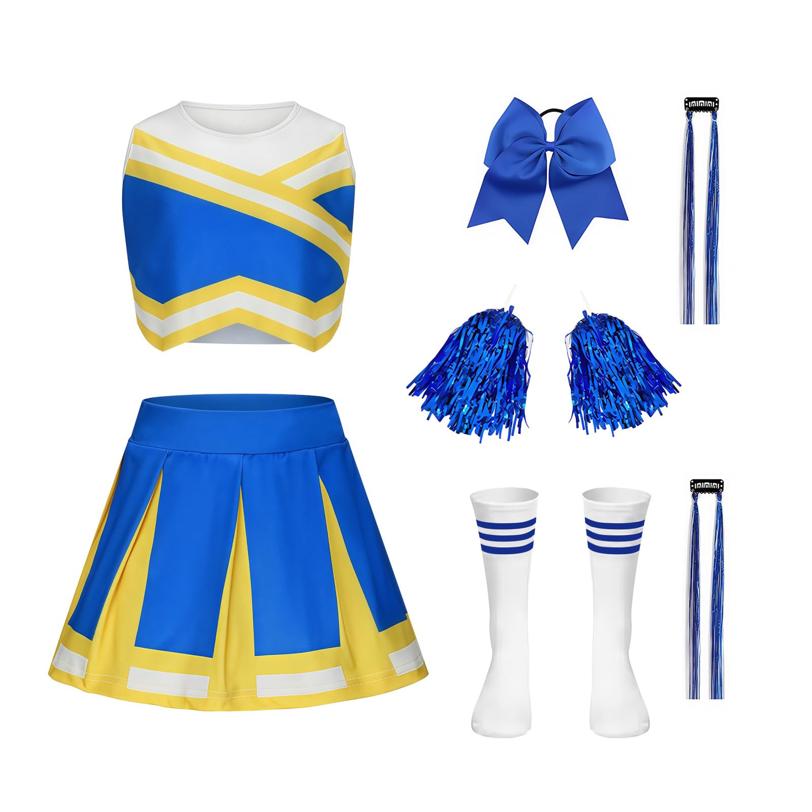 Luckyou Deguisement Pompom Deguisement Cheerleader Uniforme avec Perruques Brillant Pompoms et Nœud pour Carnaval Halloween
