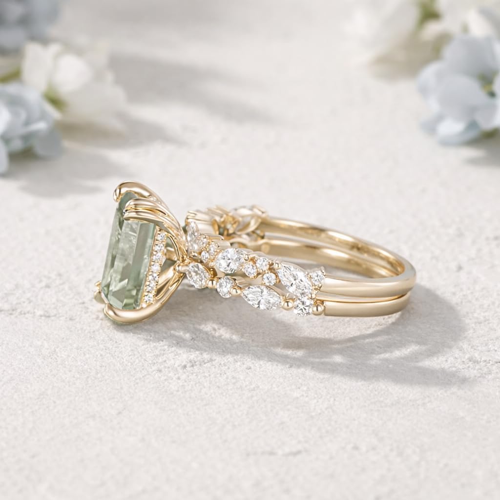 Emerald Cut Green Sapphire Engagement Ring Set 2PCS Solid Yellow Gold Bridal Wedding Jewelry with Marquise Cluster Band Birthday Gift for Her