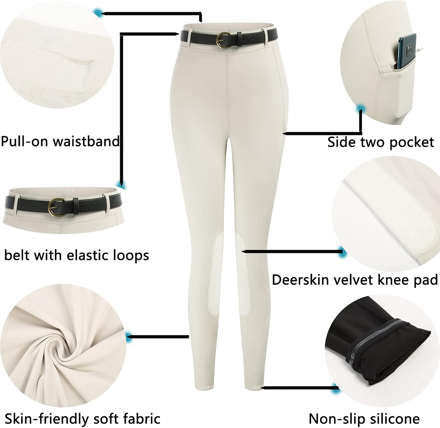 JACK SMITH Women's Equestrian Pants with Pockets and Belt Pull-on Knee Patched Silicone Grip Breeches Schooling S-XXL : Clothing, Shoes & Jewelry