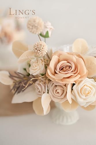 Miniatura 3 de Ling's Moment Flores artificiales blancas y beige con jarrón, decoración de boda, centro de mesa, mesa de mesa, mesa, mantel de flores, pasillo,