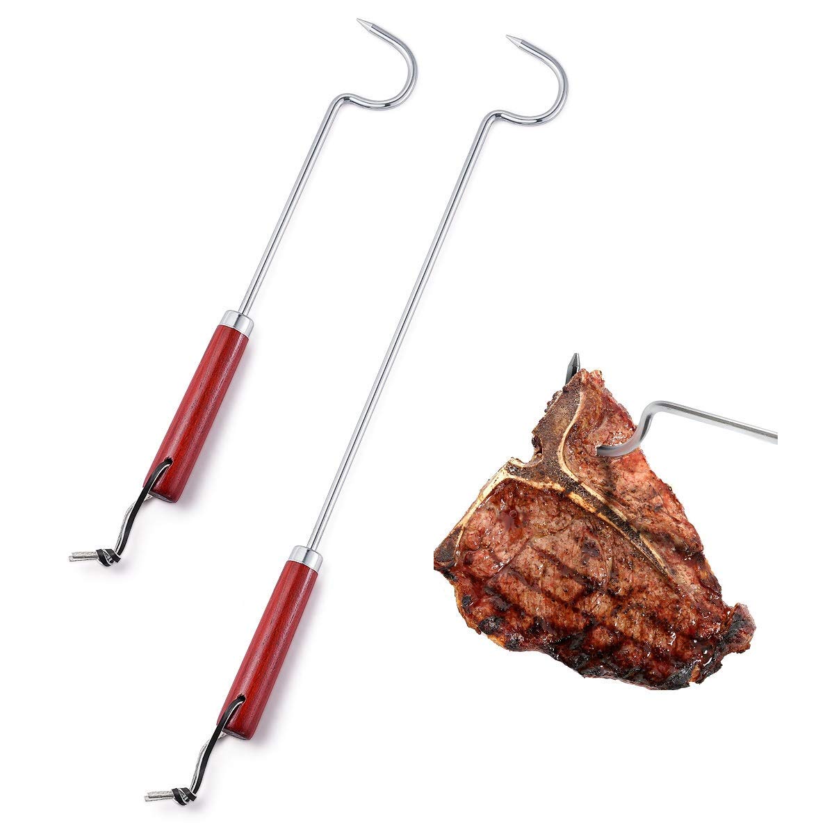 VOOADA Food Pigtail Filpper Meat Spatula Hook, Long (17'') + Short(12'') Stainless Steel Roasting Sticks, Non-Slip Pig Tail Bacon BBQ Forks Beach Cookw