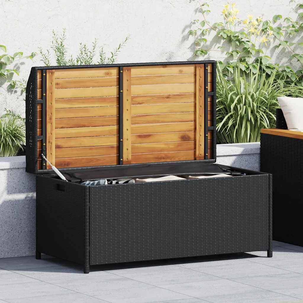 vidaXL Banc de Rangement, Coffre à Jouets, Meuble de Rangement, Organisateur de Jardin Terrasse Patio, Noir Résine Tressée et Bois d'Acacia