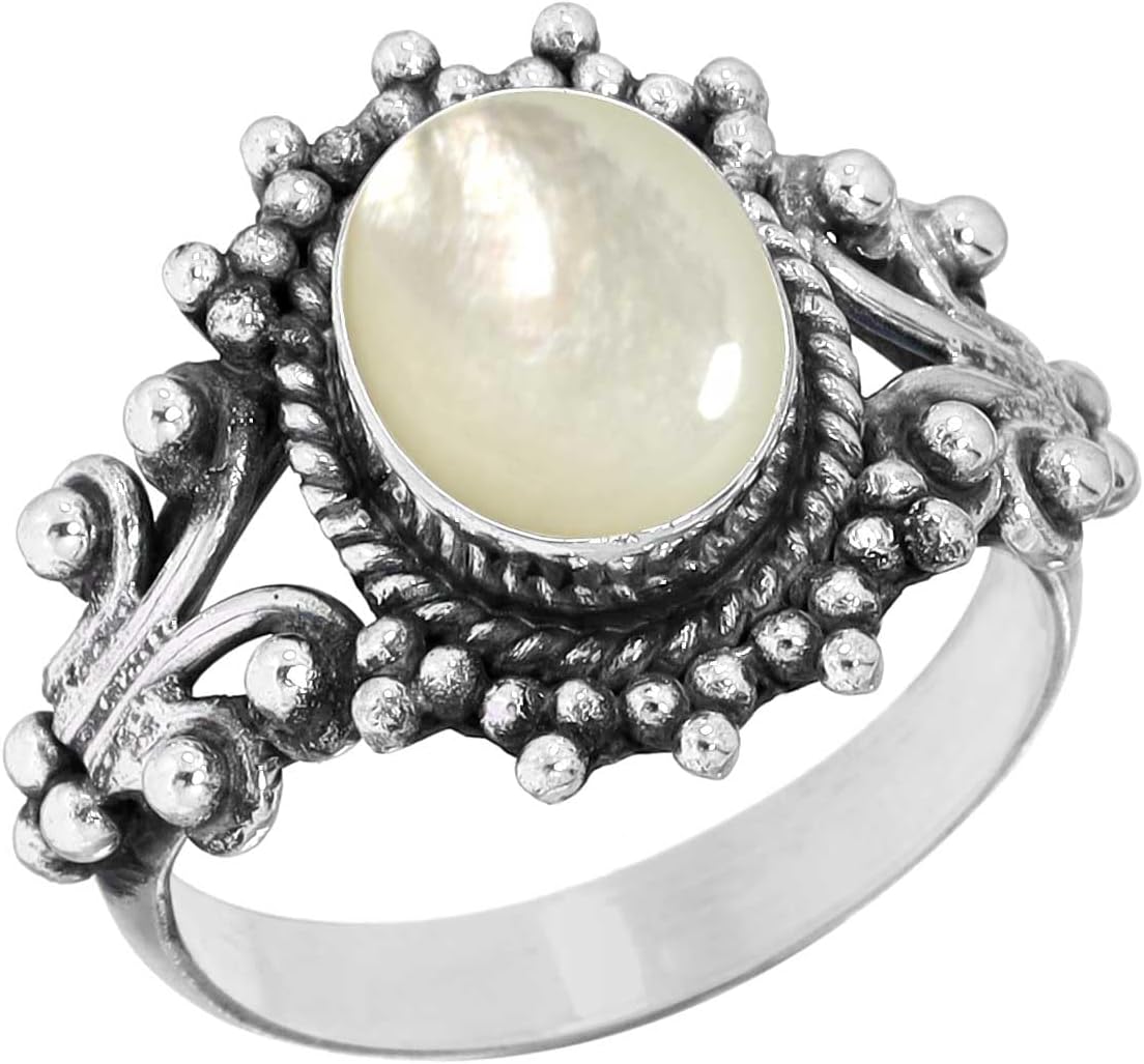 JEWELOPORIUM Boho Handmade Jewelry Natural Gemstone Labradorite, Turquoise, Moonstone, Rose Quartz Oval 925 Sterling Silver Overlay Ring For Women