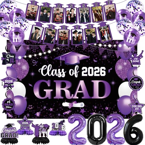 Image of Holkcog 2026 Graduation Decorations, Purple Themed Class of 2026 Congrats Graduation Backdrop, Balloons, Honeycomb ornament for Graduation Party Decorations, Outdoor Indoor Grad Party Decor Supply