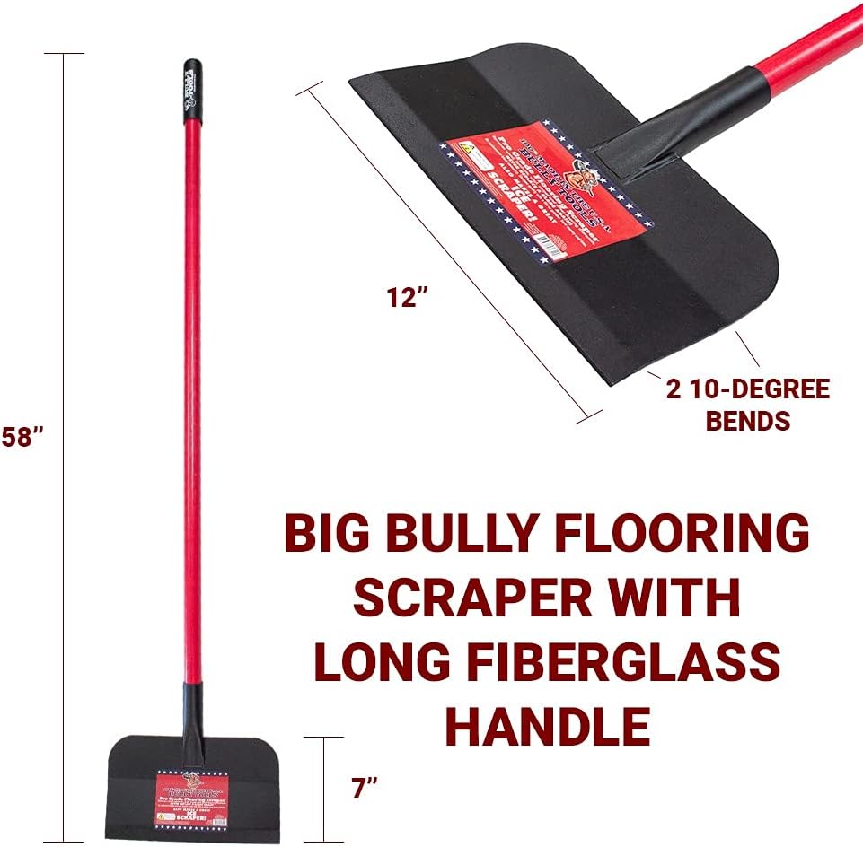 BULLY TOOLS Big Bully Floor Scraper Long Handle - Heavy Duty Scrapper for Cleaning, Carpet, Tile & Flooring Removal, Durable Fiberglass Handle, Construction Tool, 100% Made in USA