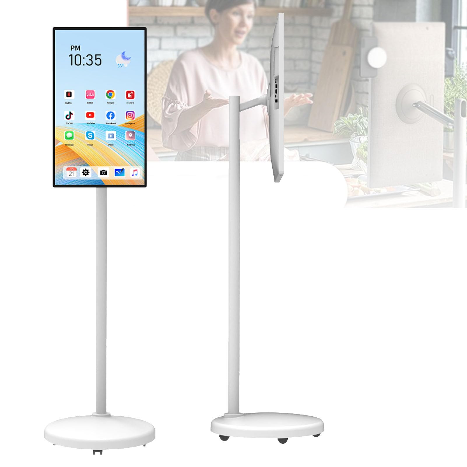 Téléviseur Portable 24 Pouces sur roulettes 1080p, écran Tactile Rotatif, Tablette avec Base, système d'exploitation Android 12, Batterie 10 000 mAh (6 h), autonomie en Veille 6+64G