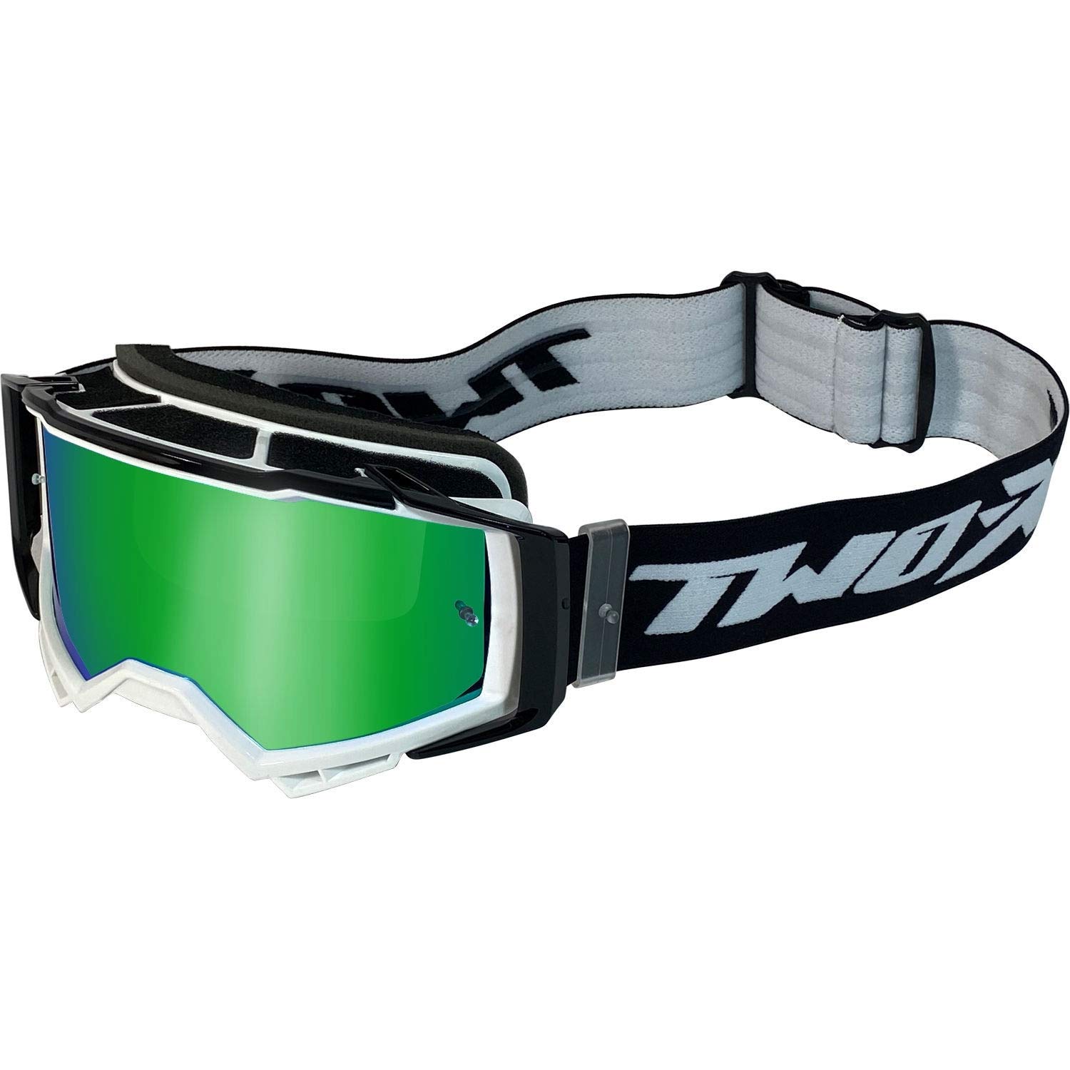 TWO-X Lunettes de motocross Atom Blizzard - Verres miroir verts - Protection nasale - Motocross - Enduro - Verre miroir - Anti-rayures