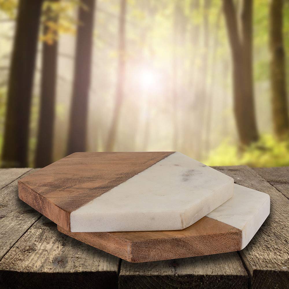 NikkisPride Marble Wood Hexageon Coaster Trivet Set of 2 4