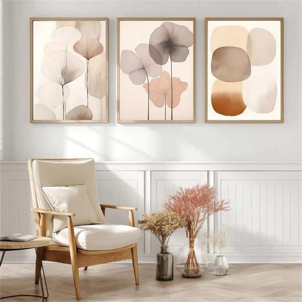 WBYZAC Art Prints-Abstract Watercolor Floral Ginkgo Leaf Print Poster Beige Boho Geometric Wall Art Canvas Painting Modern Living Room Home Decor-50 * 60cm*3PCS (No Frame)