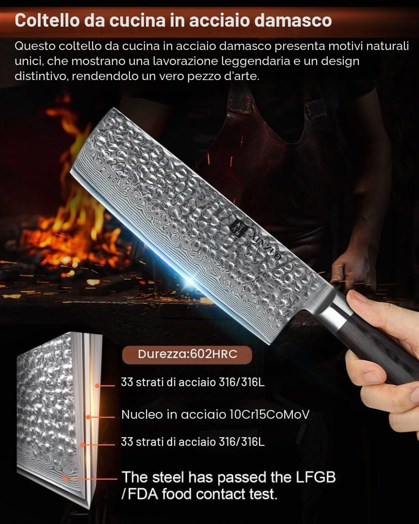 XINZUO 17cm Coltello Nakiri da Cucina -67 Strati Acciaio di Damasco Coltello da Cuoco Professionali -Adatto per Tagliare Carne, Pesce, Verdura e Frutta -Manico in Legno di Pakka -He Serie
