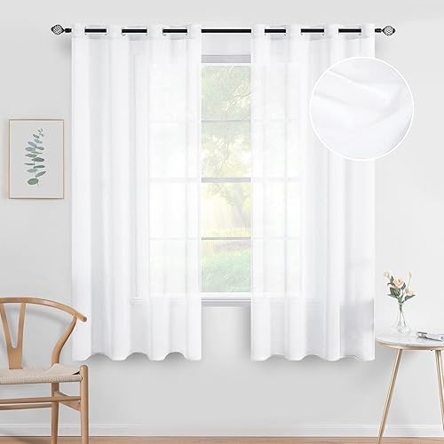 MIULEE 2 Panels White Semi Sheer Window Curtains Elegant Decoration Grommet Top Window Voile Panels/Drapes/Treatment Linen Textured Panels for Bedroom Living Room (54X45 Inches)