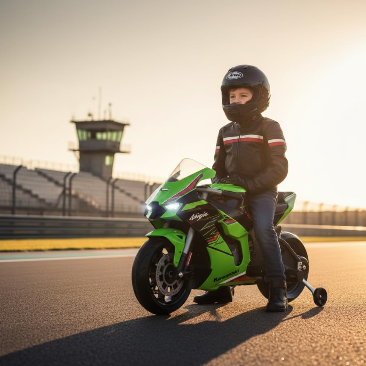 INJUSA Elektrisches Motorrad für Kinder 3-6 Jahre Kawasaki Ninja 12V - Laufzeit 2h - Lichter - Geräusche - MP3 - Stützräder - Handgas - 6 km/h - INJUSA