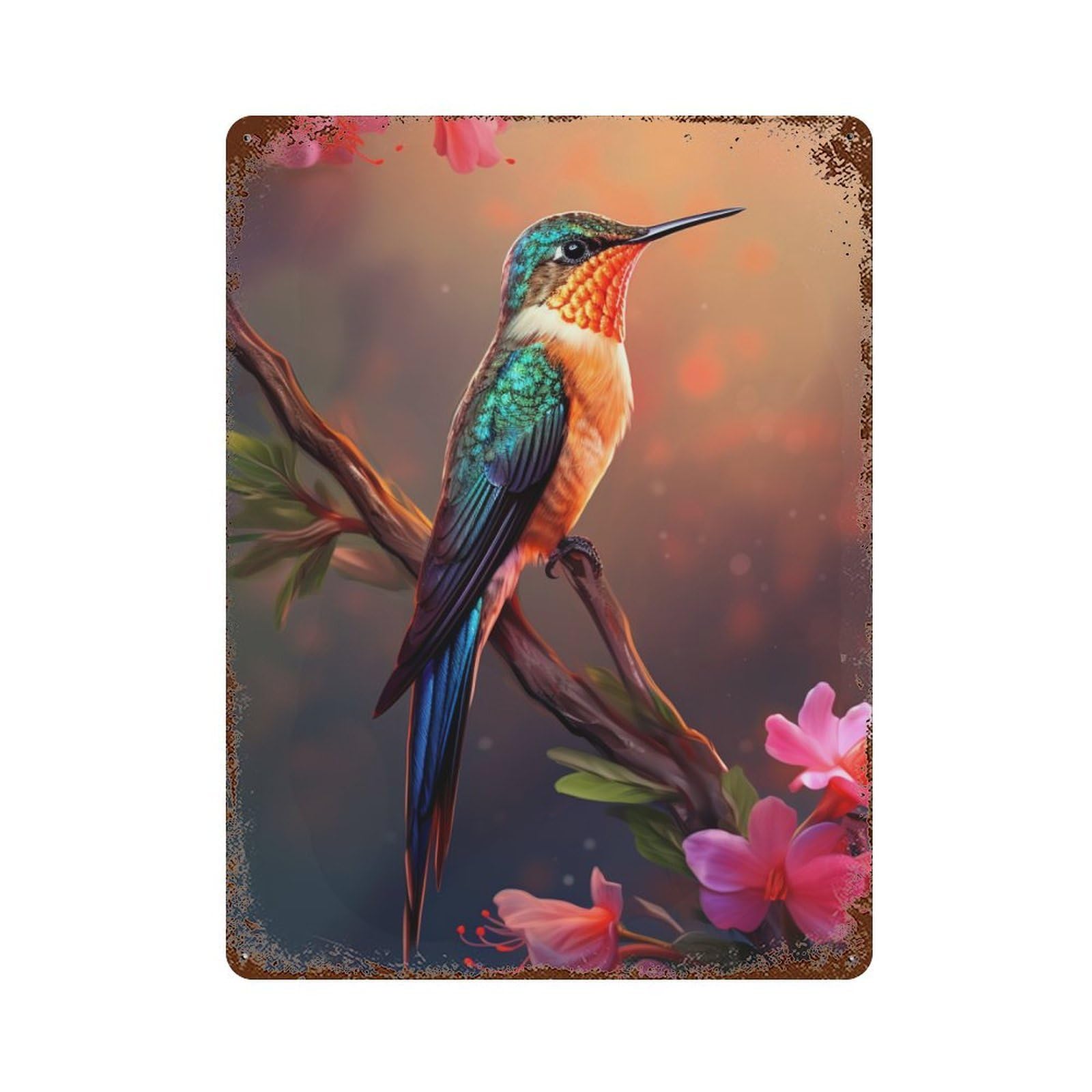 Hummingbird with Pink Flowers Vintage Rust Metal Sign 15.7"x11.8", Ideal for Cafe, Home Bar And Lounge Decor