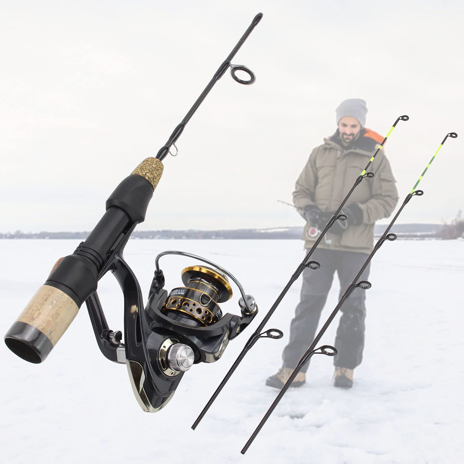 Canne à pêche sur Glace, Canne à pêche en Hiver à Double Pointe en Fibre de Carbone avec Roue rotative, de pêche en Eau Douce et en Eau salée (Canne à pêche sur Glace avec Moulinet Rotatif)