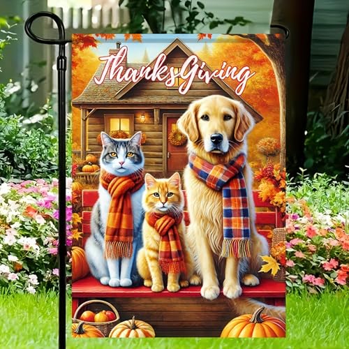 Image of BlissYard Thanksgiving Dog and Cat Garden Flag 12x18 Inch Fall Yard Decor | Double sided polyester, dog, cats and pumpkin design, cozy fall decor for porch, garden, lawn and yard