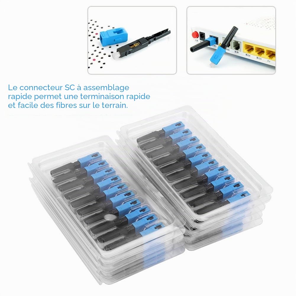 Jeanoko 100Pcs Connecteur de Fibre Optique intégré SC Adaptateur de Connexion de connecteur Rapide Rapide à Froid pour FTTH