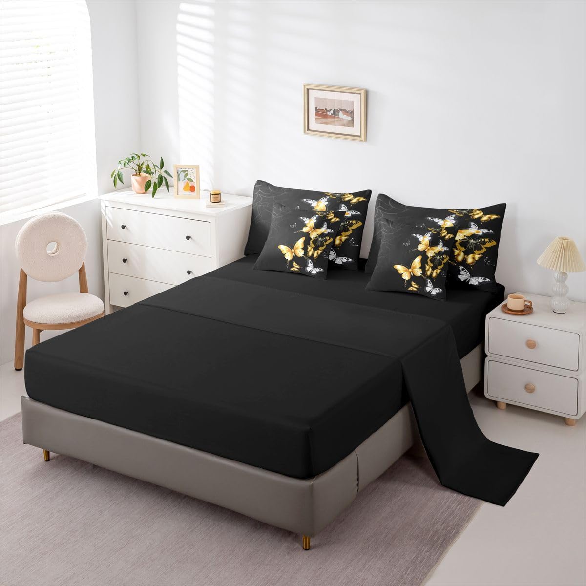 Erosebridal Butterfly Bedding Set Queen, Black Gold 7 Pieces Bed in A Bag - 1 Butterflies Comforter, 1 Soft Microfiber Fitted Sheet,1 Flat Sheet, 2 Pillow Cases, 2 Throw Pillow Covers