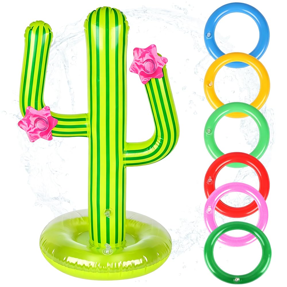 6 Pieces Cactus Ring Toss Game Set,1 pcs Inflatable Cactus with 6 pcs Rings,Party Toss Game,Outdoor Party Decor Swimming Pool Toy Gift for Family Green