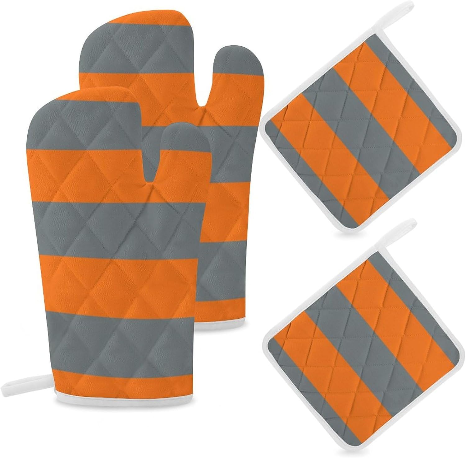 4PCS Oven Mitts and Pot Holders Sets, Charcoal Gray Orange Stripe Oven Mitts Set Heat Resistant Kitchen Microwave Gloves Safe for Baking,Cooking, BBQ