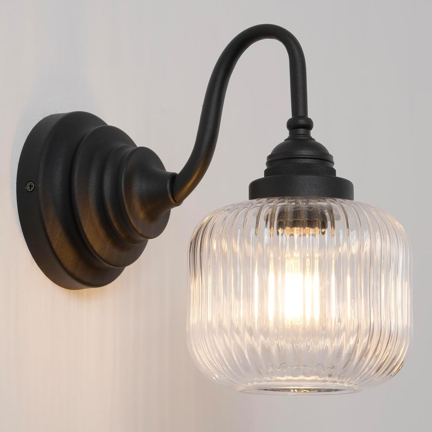Vintage Industrial Wall Sconce Lighting with Clear Striped Glass Shade, Hardwired Wall Vanity Light Fixture for Bathroom Kitchen Living Room Bedroom Hallway