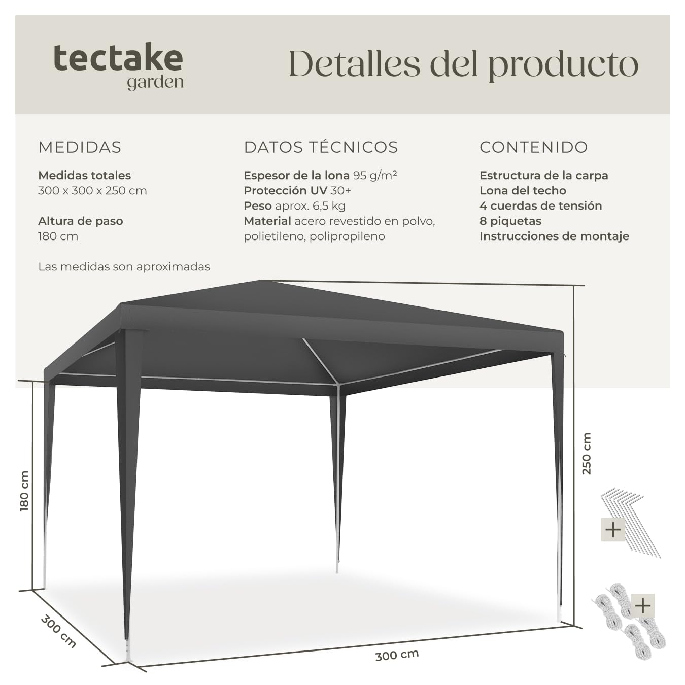tectake® Carpa Jardin con Sistema de Montaje rápido, Resistente al Agua con protección a la Intemperie, Ideal como cenadores para Jardin, Carpas para Exteriores, toldo Camping, jardín - 3x3m Gris