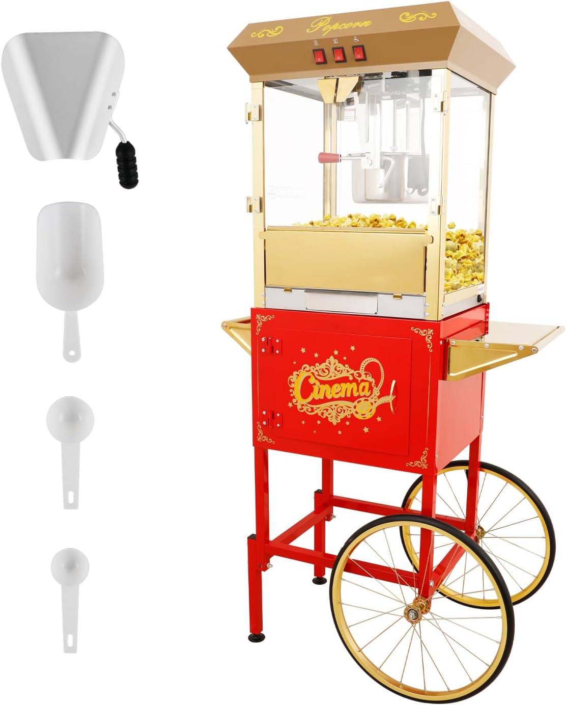 16Oz Commercial Popcorn Machine With Cart Stainless Steel Golden/Red 3-Switch Control Movie Theater, Parties, Events Efficient & Convenient