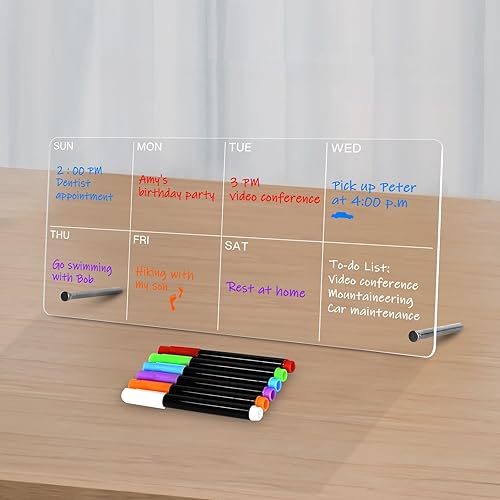 Planificador semanal de escritorio acrílico, pizarra blanca transparente de 12 x 6 pulgadas con soporte de metal, calendario de lista de tareas