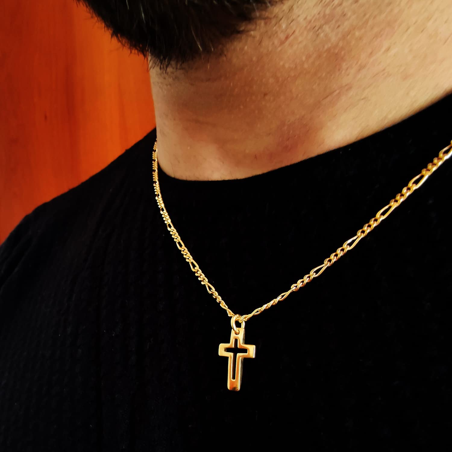 Collana girocollo da uomo ragazzo in argento 925 placcato oro giallo,catena grumetta con pendente a forma di croce crocifisso
