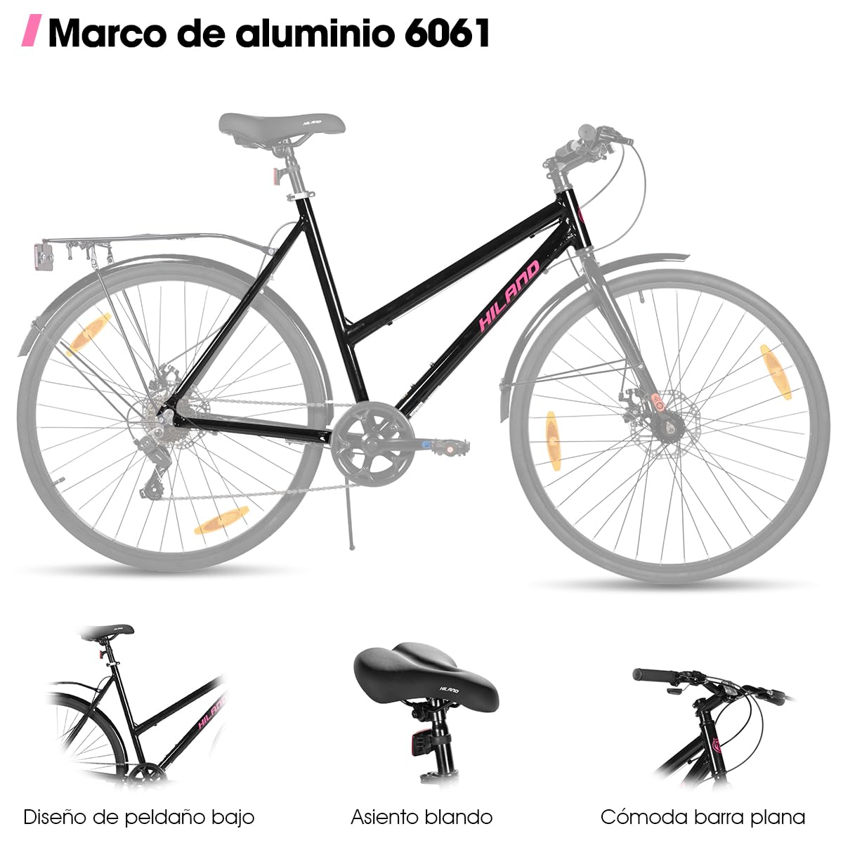 Hiland 700C Bicicleta de Carretera, Bicicleta Urbana de 7 velocidades y 28 Pulgadas, Bicicleta cómoda para Adultos con Frenos de Disco, Unisex, Negro/Azul/Rosa/Blanco