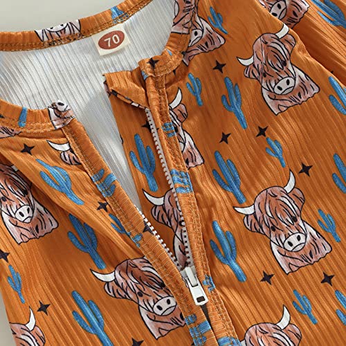 Amiblvowa Newborn Baby Boy Girl One Piece Footies Ribbed Zipper Romper Jumpsuit Long Sleeve Cow Print Outfit Western Clothes (Brown Bull, 0-3 Months) #TOP5