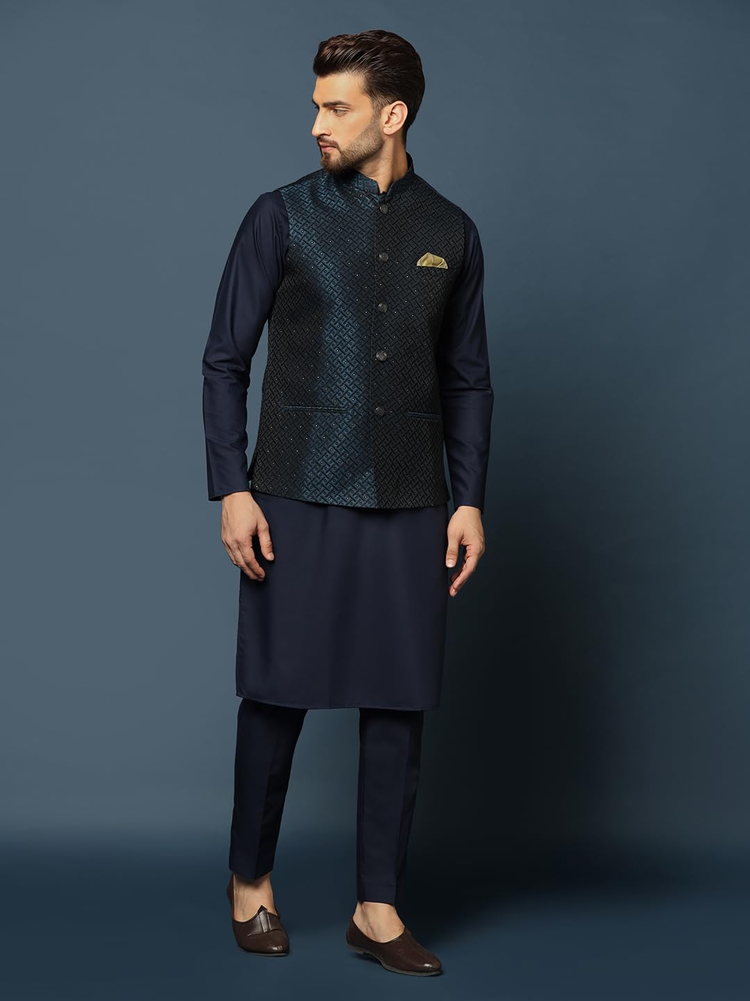 Kisah Men's Blue Kurta Jacket Trousers Set Cotton Blend, Woven Design, Mandarin Collar Ethnic Wear, 38