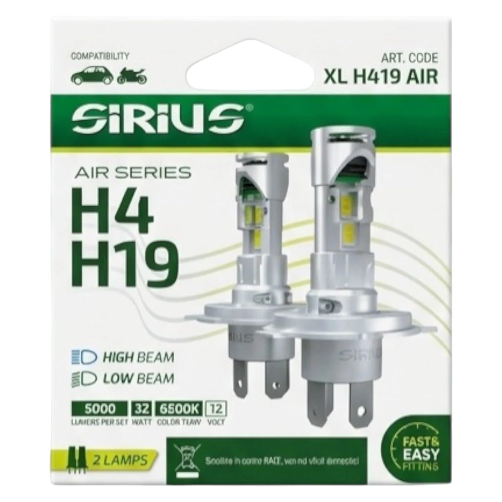Sirius Kit Lampadine LED H4 H19 XL H419 AIR Air Series - 6500K 12V con Ventola di Raffreddamento Integrata - Compatibili, Non Originale