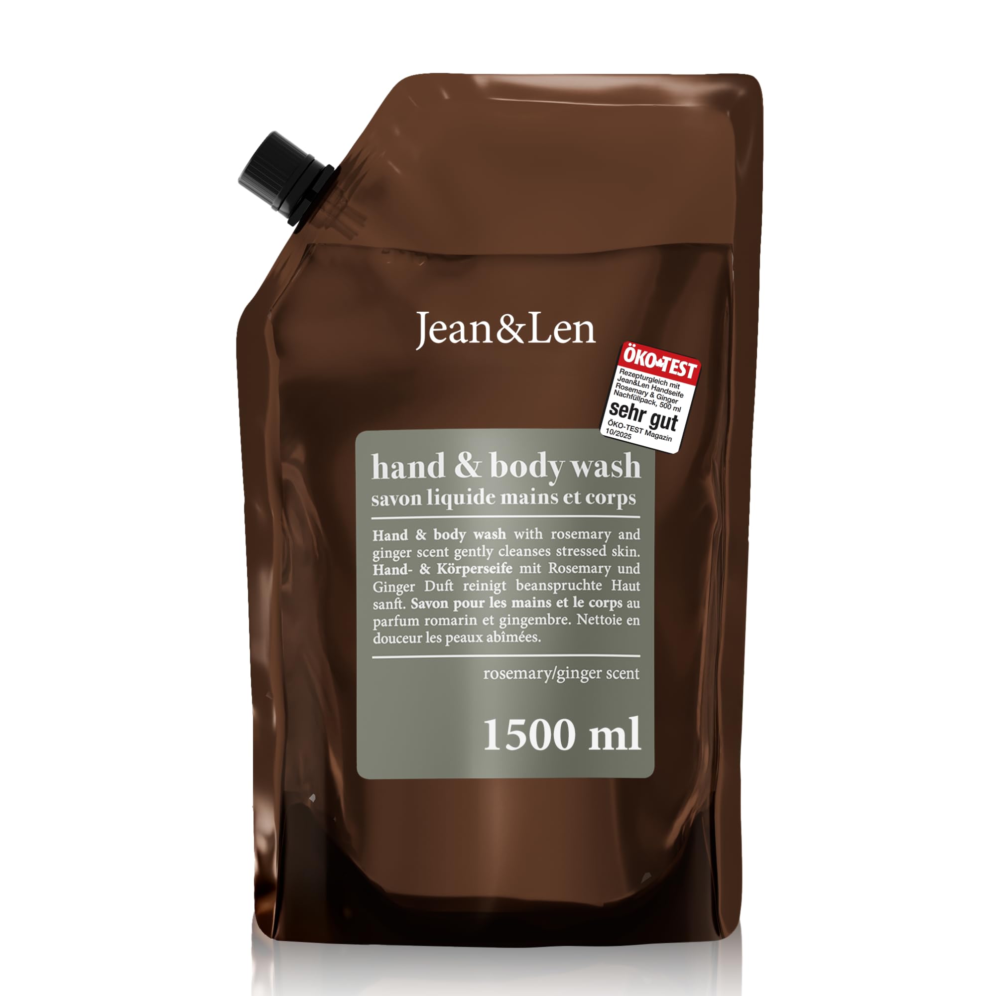 Rosemary and Ginger hand wash in a refill pack, cleanses and cares for the skin, fresh and spicy scent, liquid soap, without silicones, parabens and microplastics, 1.5L