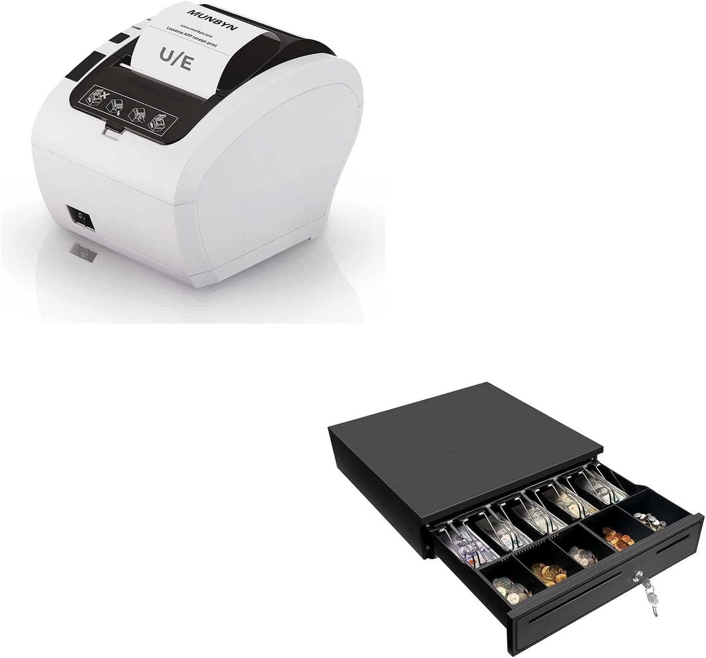 MUNBYN Receipt Printer, Thermal Receipt Printer Works with Windows Mac Chromebook Linux Cash Drawer and Black Cash Register Drawer, 16" Wide Cash Drawer with Removable Coin Tray