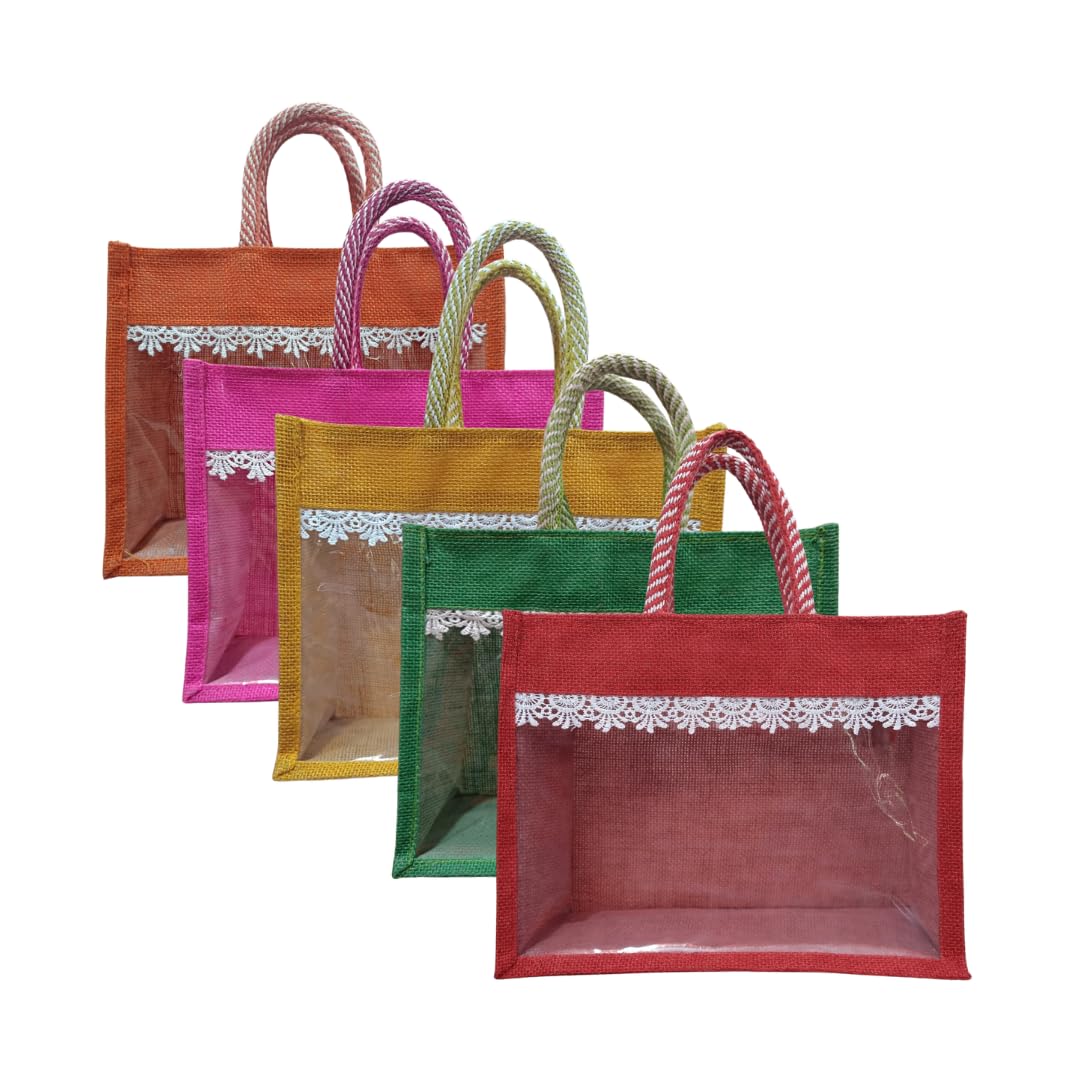 Transparent Jute Gift Bag with Lace | Clear Window Reusable Tote for Wedding, Return Gifts & Hampers-image-15