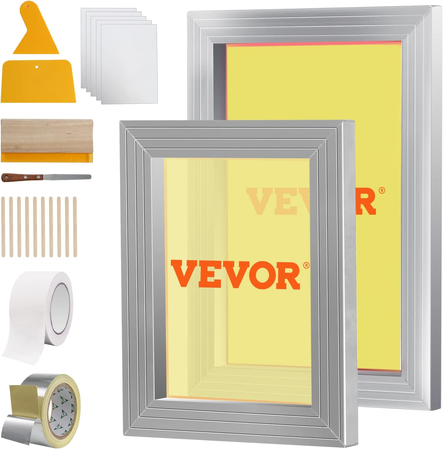 VEVOR Screen Printing Kit, 2 Pieces Aluminum Silk Screen Printing Frames 8x10/10x14in 110 Count Mesh, 2 Tapes and Screen Printing Squeegees and Transparency Films for T-Shirts DIY Printing