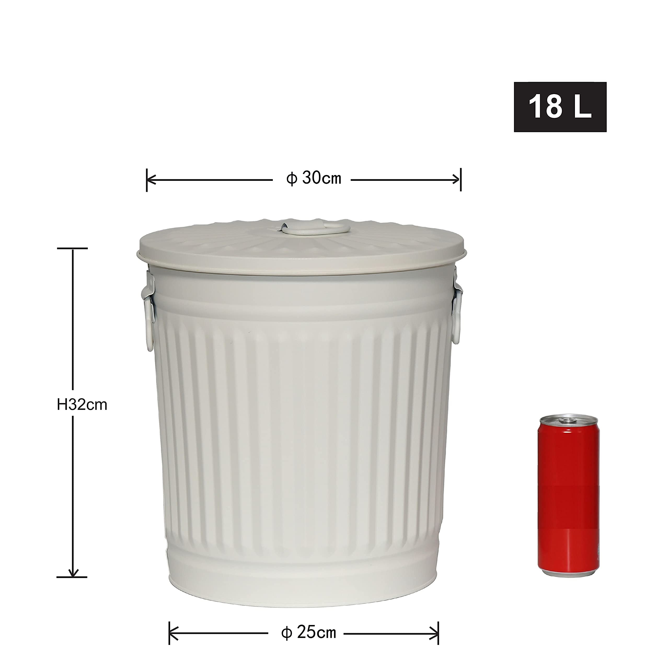 Bidone della spazzatura in metallo con manici e coperchio | Bianco crema | Ø 29 cm, h 31,5 cm | Capienza 18 litri