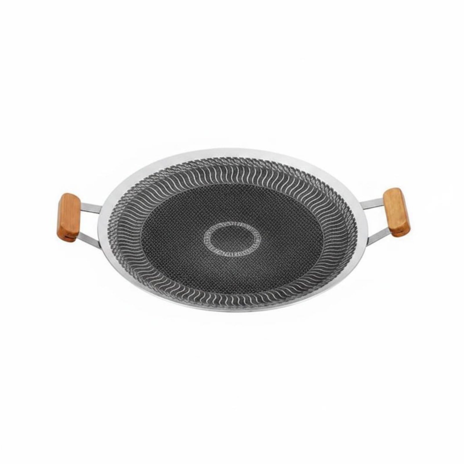 Homyl Padella per Grill Outdoor Barbecue Teglia Universale Acciaio a Doppia Zona Riscaldamento Rapido Adatta per Campeggio, 34CM, Wood Handle