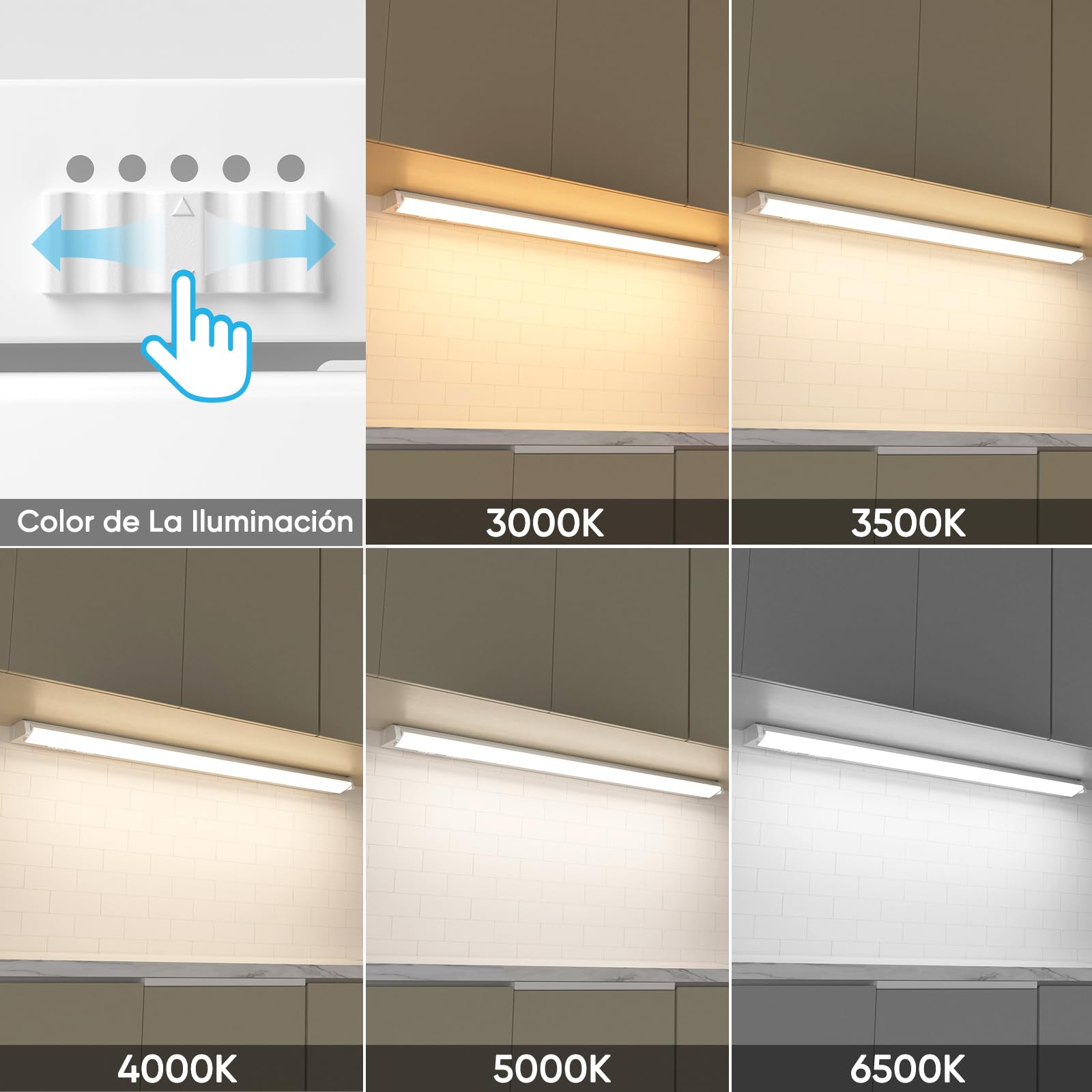 Lampara LED Regulable para Luce Cocina bajo Mueble, 12W 1080Lm Longitud 610MM Lampara Aplique de Pared LED con Interruptor, Cable de Alimentación y Enchufe, 5 Temperatura de Color